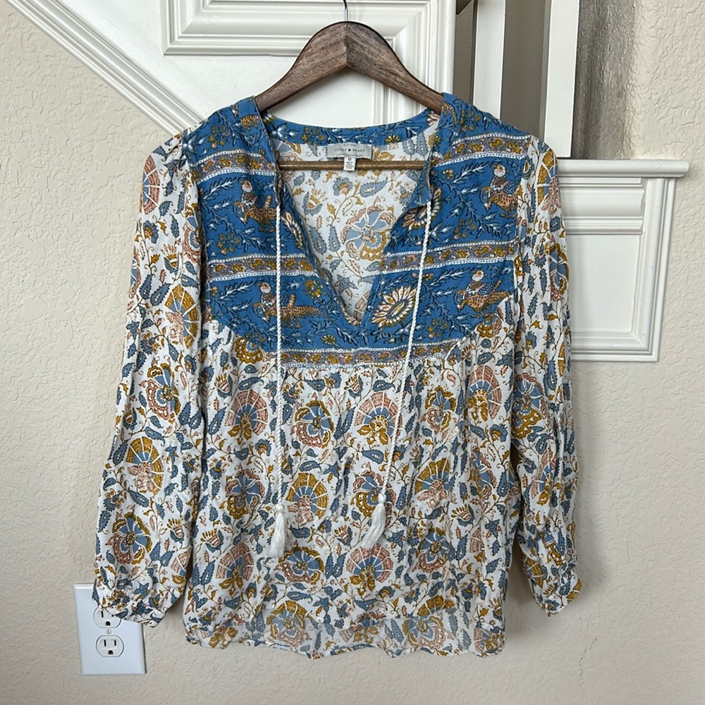 Lucky Brand M peasant blouse. Gently worn. Denim blue, gold, and cream.